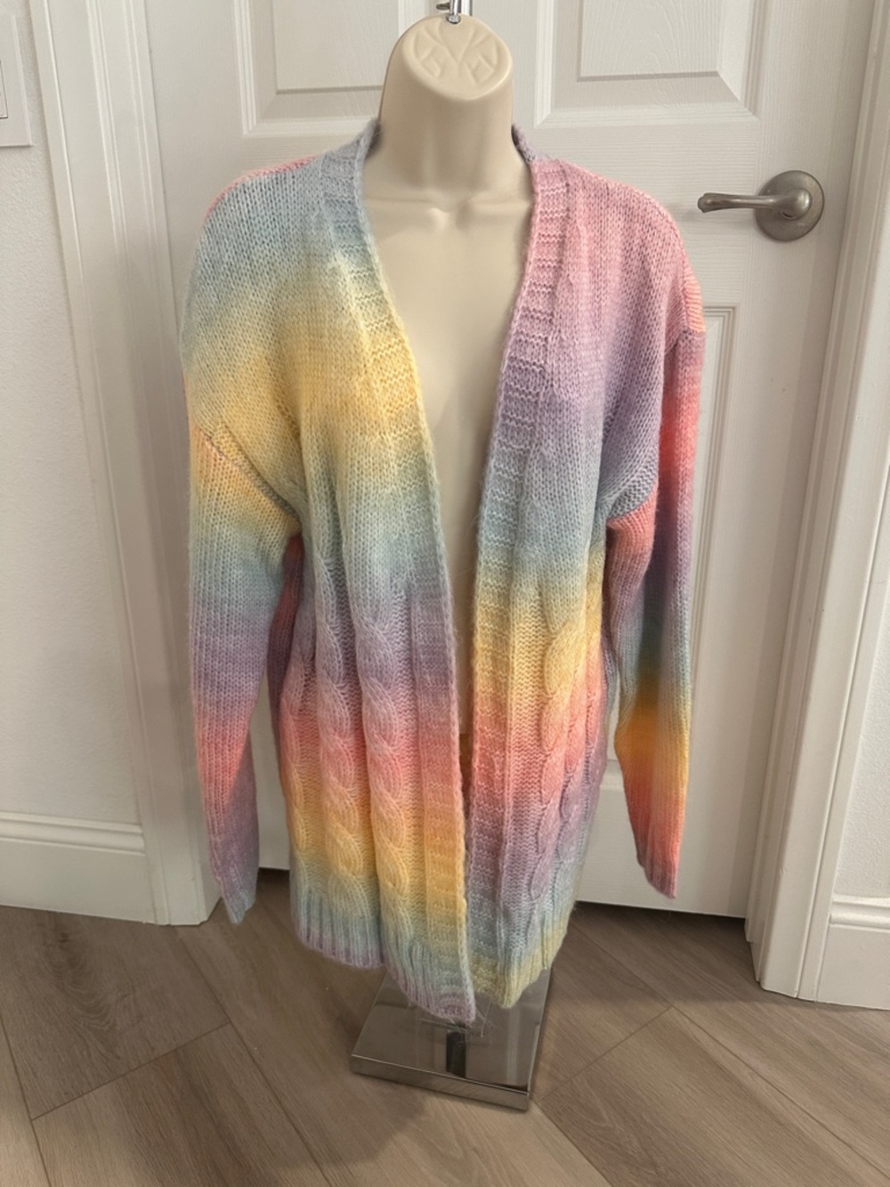 Pastel Rainbow Open-Front Cable Knit Women's Sweater Cardigan